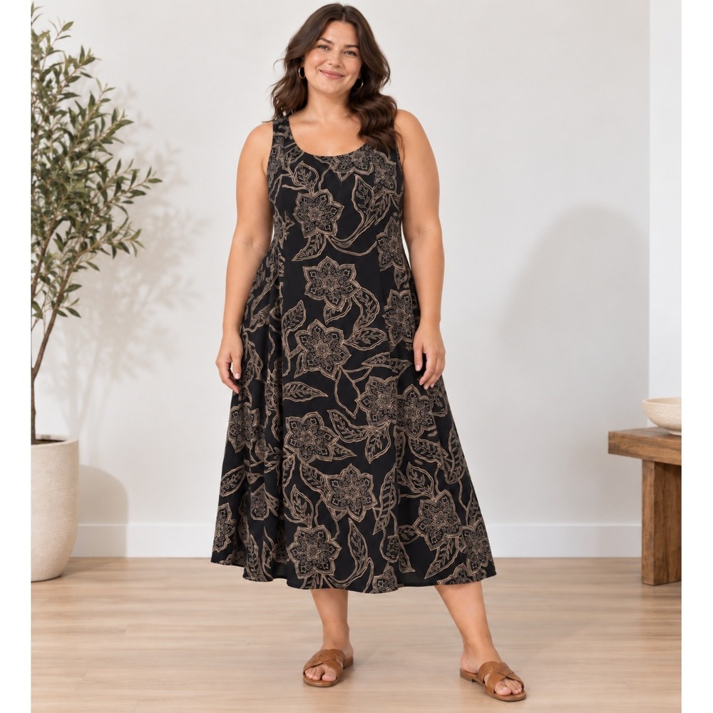 Coldwater Creek Floral Maxi Dress Womens 2X Black Tan Sleeveless Scoop Neck